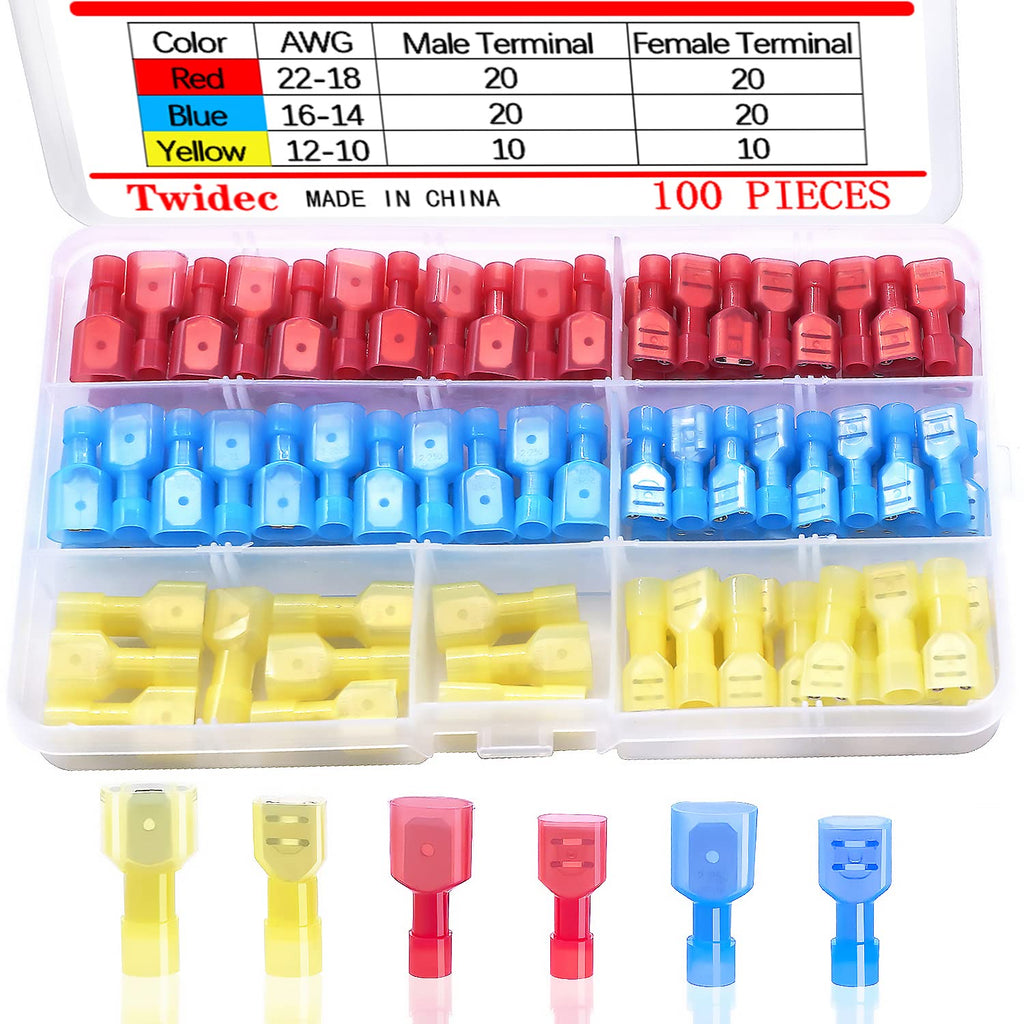 Twidec/100PCS Nylon Spade Connectors Kit 22-10 Gauge Quick Disconnect Fully Insulated Male and Female Wire Spade Terminal Assortment Kit N-004 2-Nylon Spade Connector