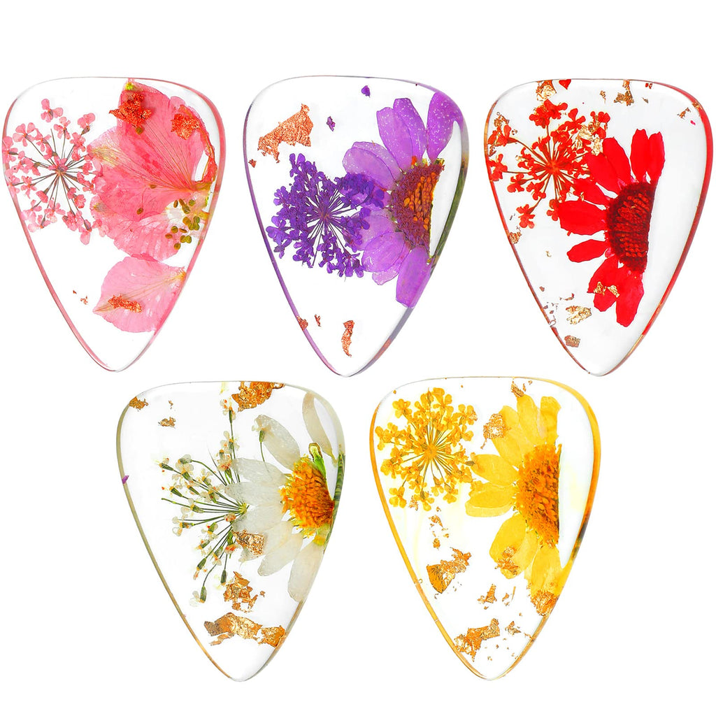 5 Pieces Dried Flower Resin Guitar Picks Plectrums Thin Flower Guitar Picks Stylish Colorful Guitar Plectrums Floral Bass Picks for Electric, Acoustic Guitar Bass Ukulele, 5 Styles