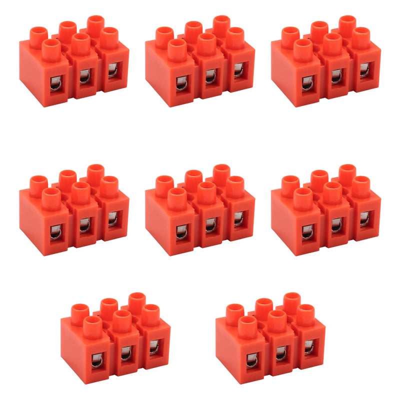 Bettomshin Terminal Block,Dual Row 3 Positions 600V 36A Screw Terminal Electric Barrier Strip Block Red,H2519-3 8Pcs