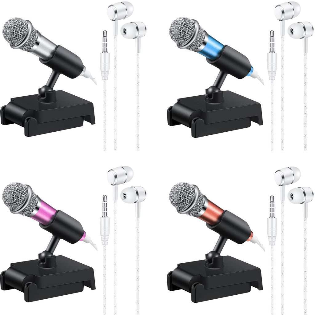 4 Sets Mini Karaoke Microphone Tiny Microphone with Earphone Portable Universal Microphone with Stands for Singing, Recording, Voice Recording Apply to Mobile Phone Laptop Notebook