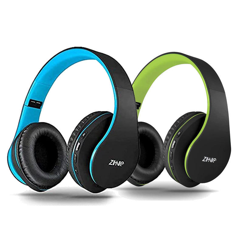 2 Items,1 Black Blue Zihnic Over-Ear Wireless Headset Bundle with 1 Black Green Zihnic Foldable Wireless Headset