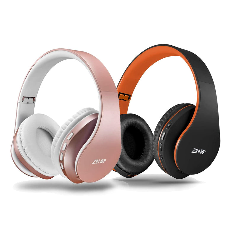 2 Items,1 Rose Gold Zihnic Over-Ear Wireless Headset Bundle with 1 Black Orange Zihnic Foldable Wireless Headset