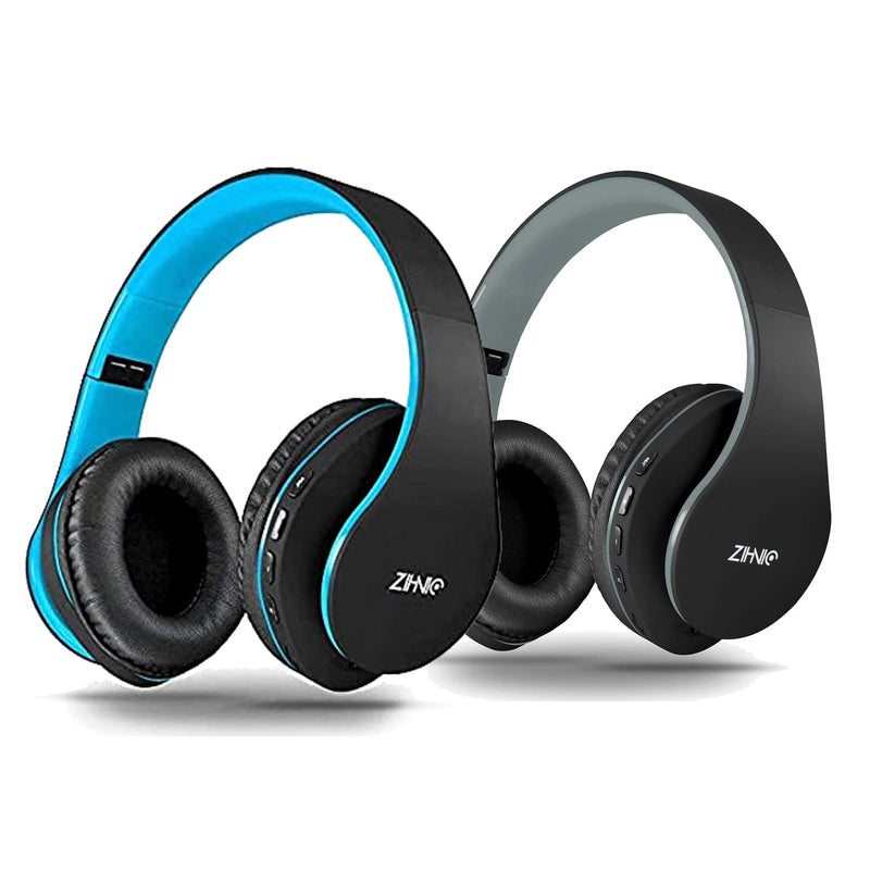 2 Items,1 Black Blue Zihnic Over-Ear Wireless Headset Bundle with 1 Black Gray Zihnic Foldable Wireless Headset