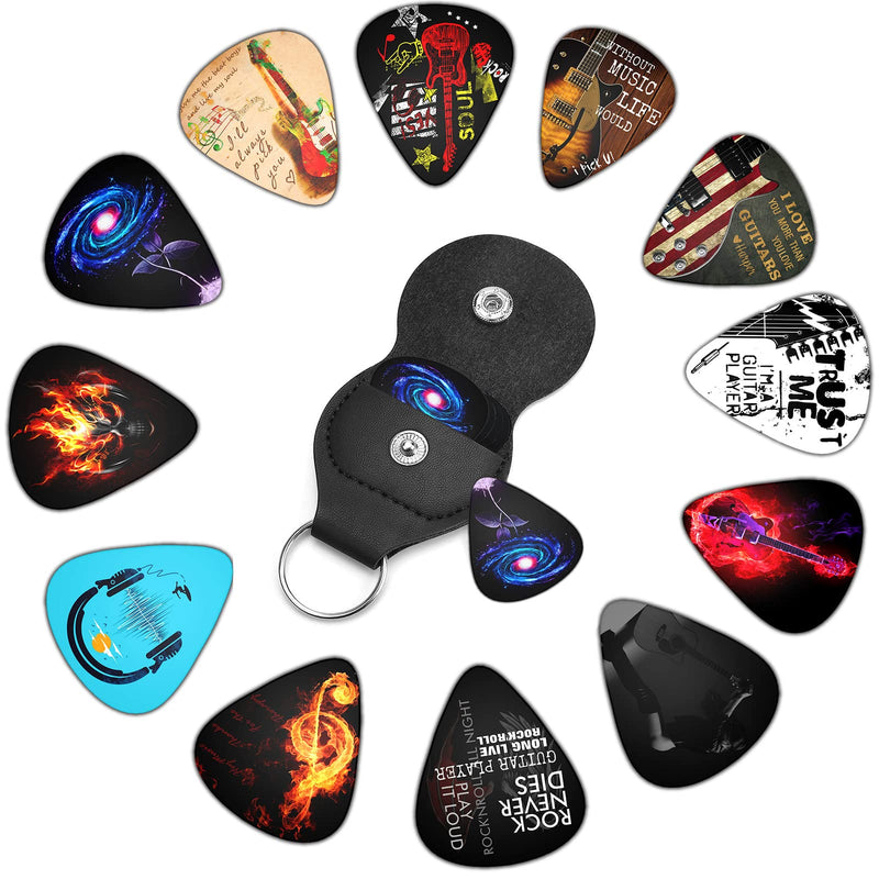Cool Guitar Picks 12 Medium Pack with Leather Picks Holder ,Unique Artistic Personalized Guitar Pick Punch for Electric Guitar Bass Acoustic Guitar Lovers Gift (Medium)
