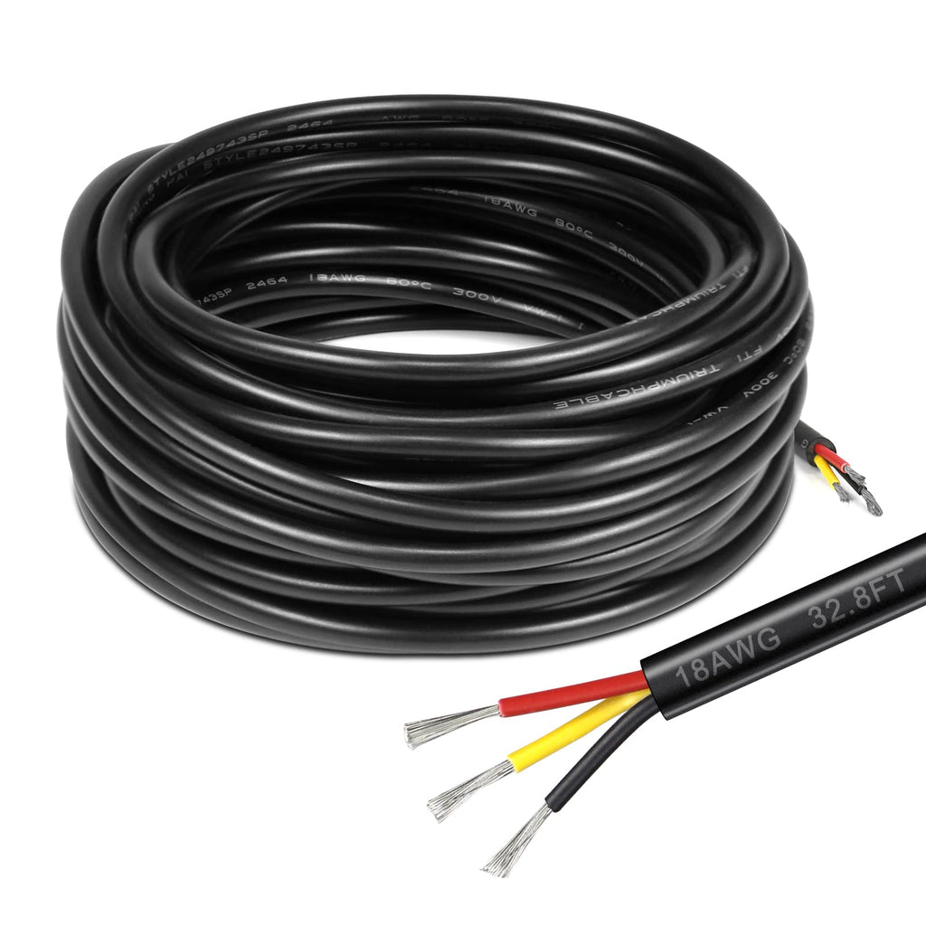 18 Gauge Electrical Wire 3 Conductor, 32.8ft Black PVC Case Stranded Low Voltage LED Cable, 18 AWG 3pin Tinned Copper Hookup Wire, Flexible Extension Power Cord for LED Lamp Lighting Strips Automotive 18AWG 32.8FT/10M