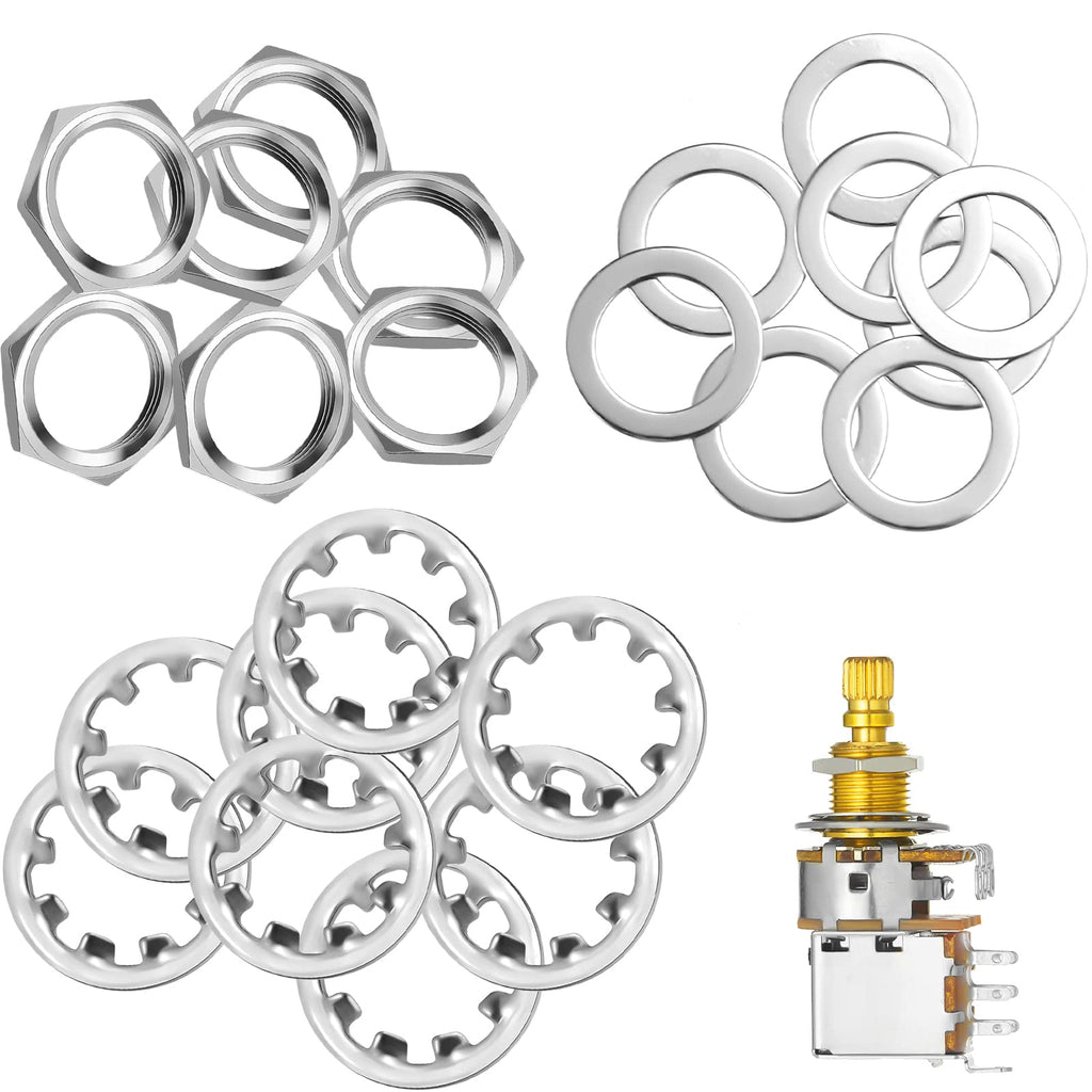 Set of 8 Guitar Nuts Washers Lock Washers Thread 3/8 Inch Guitar Pots Nuts Metal Hex Nut Washers for US Thread CTS Potentiometer or Guitar Bass Potentiometer Jacks Replacement Parts, Silver
