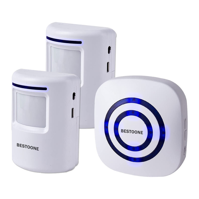 BESTOONE Motion Sensor Alarm, Long Range Wireless Driveway Alarm, Indoor Home Security System Electric Doorbells, 2 Motion Detector and 1 Alarm, 38 Chime Tunes, LED Indicator 1 alarm + 2 detector
