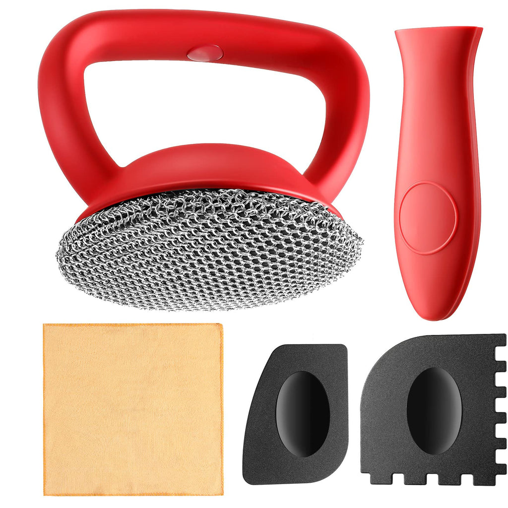 5 Pieces Cast Iron Skillet Cleaner Cleaning Set, 316 Stainless Steel Cast Iron Skillet Scrubber Iron Skillet Sponge Hot Handle Holder Accessories Pan Scraper for Cleaning Skillet Grill Pan Pot Wok