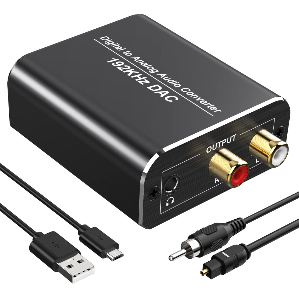 192Khz DAC Digital to Analog Audio Converter, Aluminum Optical to RCA Converter with Optical Coaxial Cable, Digital Spdif/Optical/Toslink to Analog Stereo L/R RCA for PS4 Xbox TV DVD 3.5mm Jack
