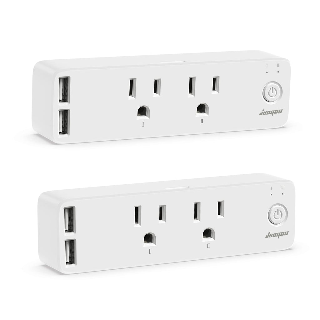 JUOYOU Dual Smart Plug, Smart Outlet Work with Alexa and Google Home, 4-in-1 Design, 2 WiFi Outlet (2.4G), 2 Always On USB Charger, Timer Plug, APP Remote Control No Hub Required, FCC Certified,2 Pack 2 Pack