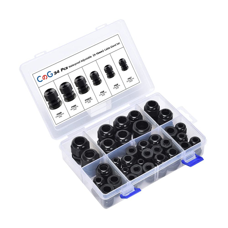 CGELE Cable Gland 34 Pack Plastic Waterproof Adjustable Connector 3-16mm Strain Relief Cord Connectors Joints Nylon with Gaskets PG7 PG9 PG11 PG13.5 PG16 PG19… Cable Gland Kit(34 pcs)