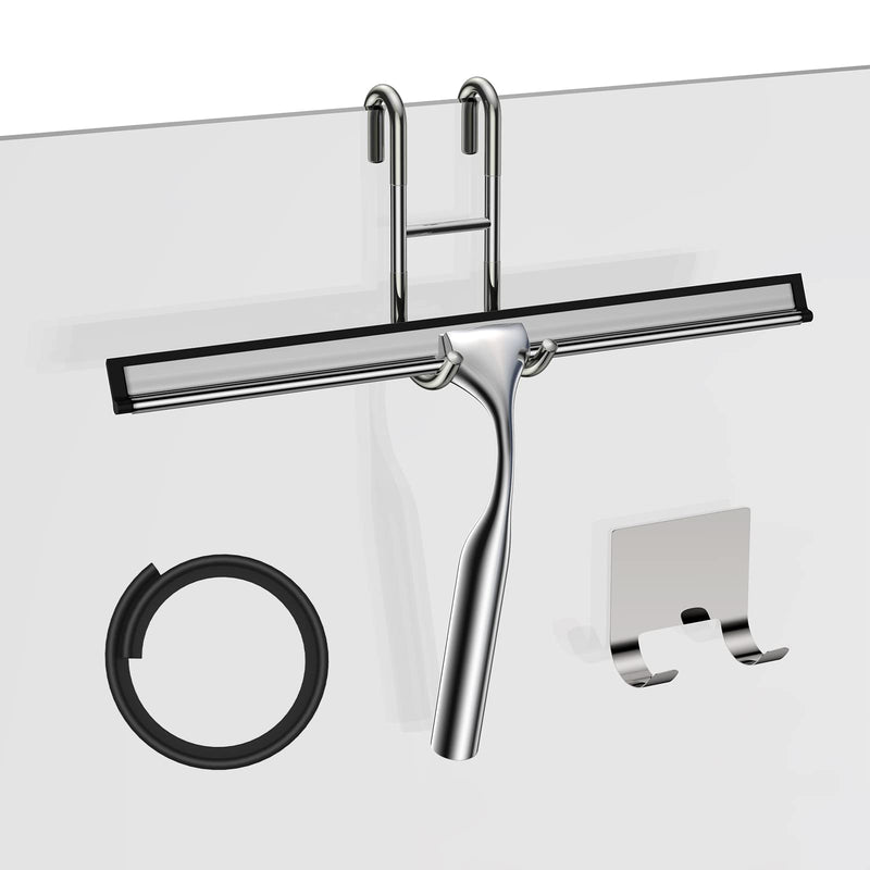 Shower Squeegee for Glass Door 12-Inch Stainless Steel Bathroom Squeegee Window Wiper, Includes Shower Door Hook, Adhesive Hook, and Spare Silicone Blade for Window Mirror Car All-Purpose Squeegee Silver