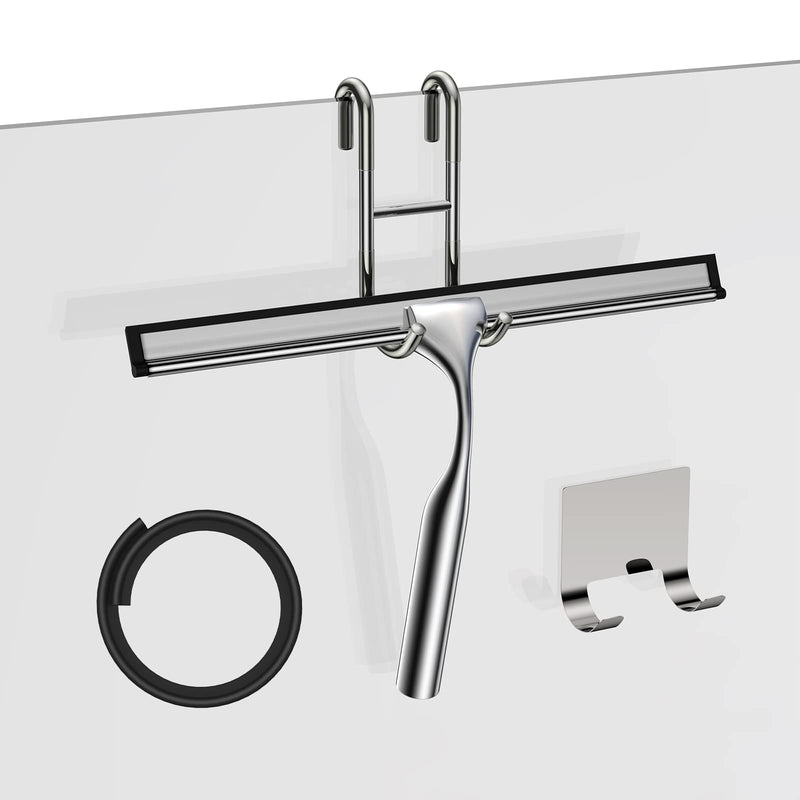 Shower Squeegee for Shower Glass Door, 10-Inch Stainless Steel Squeegee for Bathroom Doors Mirror Car Windows All-Purpose Squeegee with Matching Hooks Holder, 1 Replacement Squeegee Blade Silver