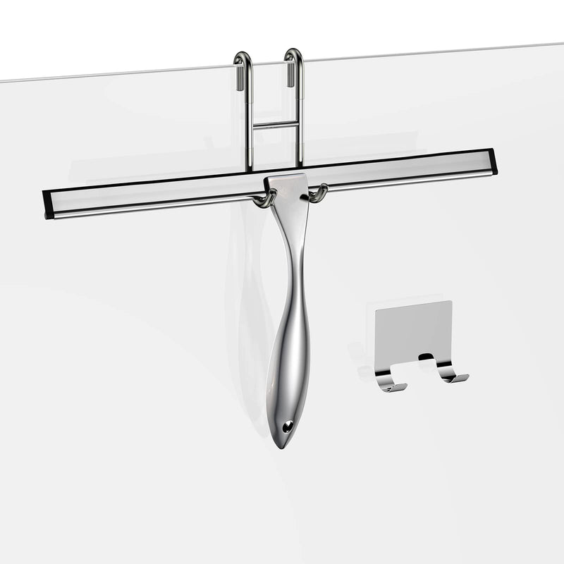 Shower Squeegee Set, 14-Inch Stainless Steel Squeegee, All-Purpose Squeegee for Bathroom, Shower Doors, Mirrors, Tiles, and Car Windows - 100% Streak Free, Includes Shower Door Hook and Adhesive Hook Silver