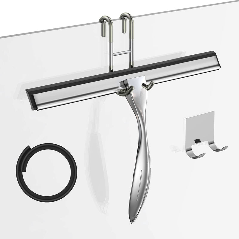 Shower Squeegee for Glass Door 12-Inch Stainless Steel Bathroom Squeegee Window Wiper, Includes Shower Door Hook, Adhesive Hook, and Spare Silicone Blade for Window Mirror Car All-Purpose Squeegee Silver