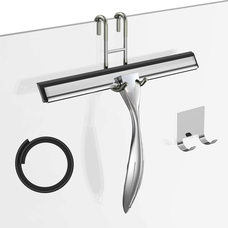 Shower Squeegee Set, 10-Inch Stainless Steel Squeegee for Bathroom, Shower Doors, Mirrors, Tiles, and Car Windows - 100% Streak Free, Includes Shower Door Hook, Adhesive Hook and Spare Silicone Blade Silver