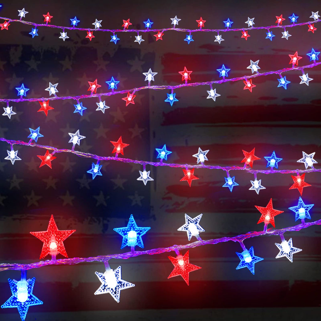 Pooqla 100 LED 33FT Star String Lights, Memorial Day Decoration Red White Blue Star Lights Plug in Connectable for Independence Day Outdoor Patriotic Theme Decor 100 LED Lights