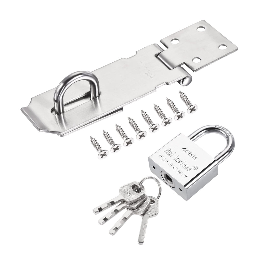 MECCANIXITY 4 Inch Stainless Steel Heavy Door Hasp Lock Keyed Different Clasp with Padlock and Screws for Cabinet Closet Gate, Silver