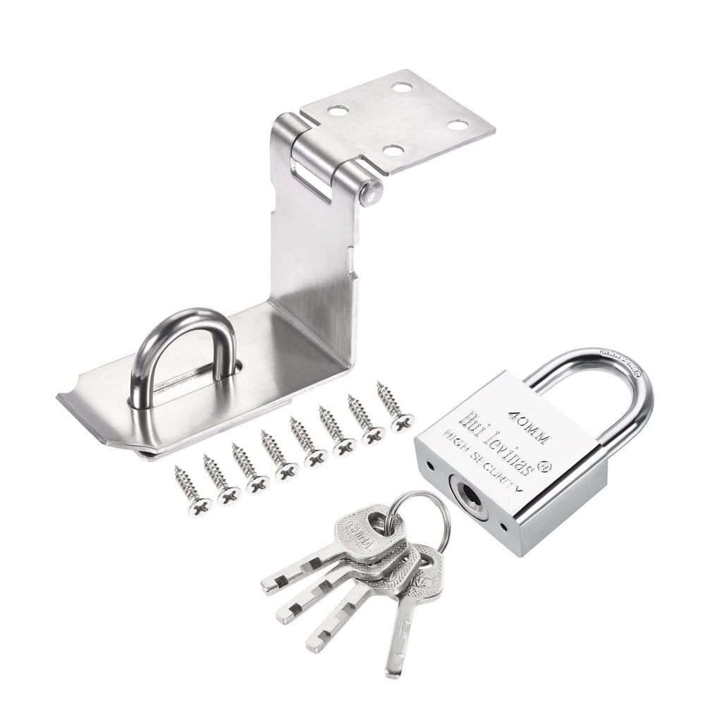 MECCANIXITY 5 Inch Stainless Steel 90 Degree Door Hasp Lock Keyed Different Clasp with Padlock and Screws for Cabinet Closet Gate, Silver Pack of 2