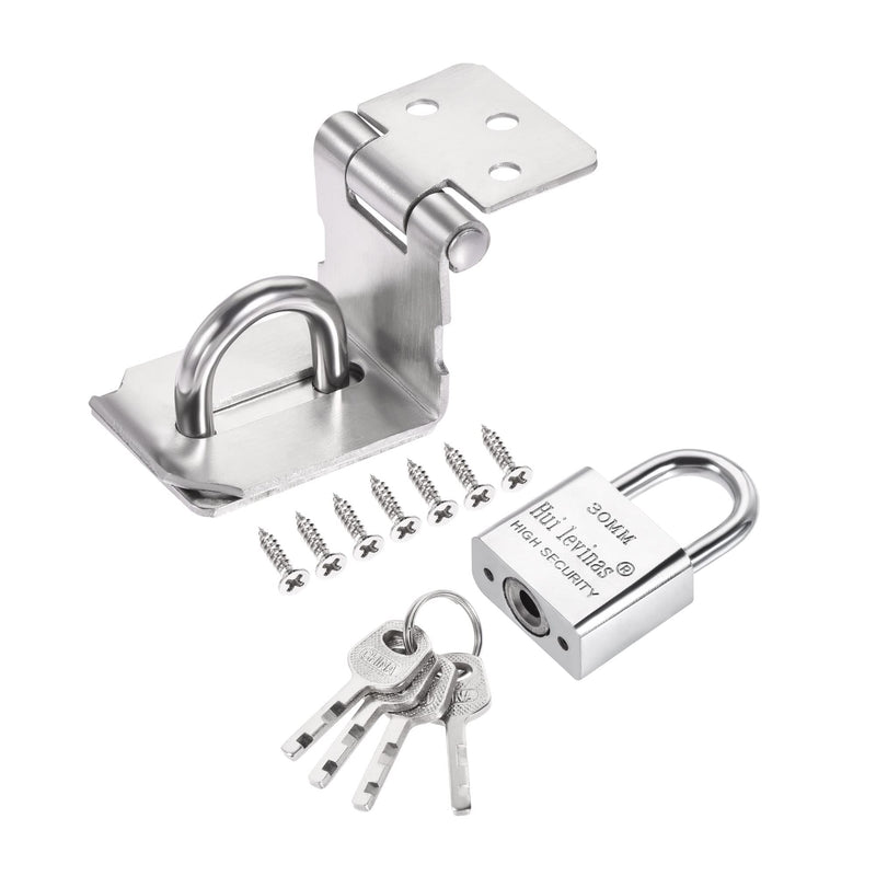 MECCANIXITY 3 Inch Stainless Steel 90 Degree Door Hasp Lock Keyed Different Clasp with Padlock and Screws for Cabinet Closet Gate, Silver