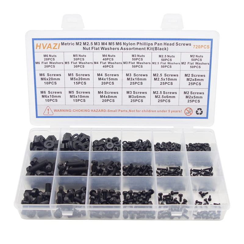 HVAZI Metric M2 M2.5 M3 M4 M5 M6 Nylon Phillips Pan Head Screws Nut Flat Washers Assortment Kit Black-M2M2.5M3M4M5M6