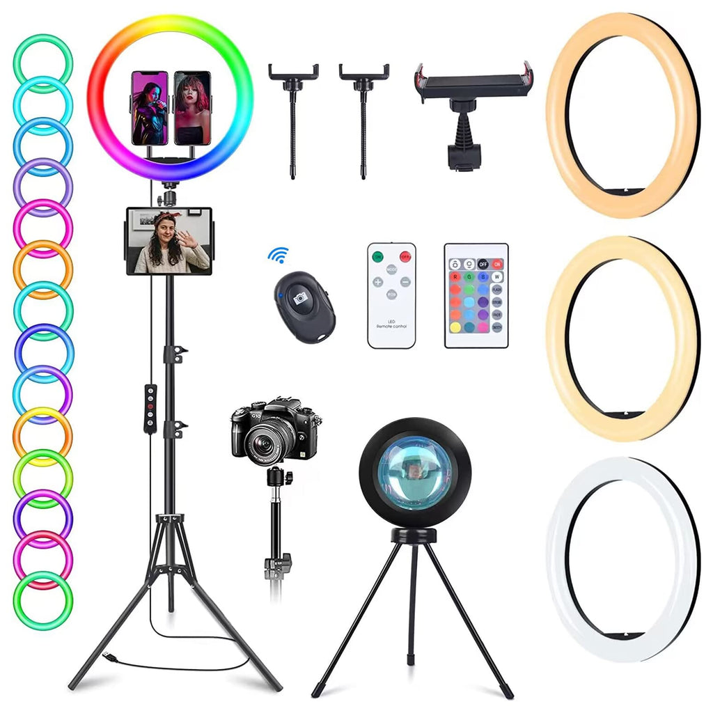 WisaKey 13" RGB Ring Light with 63" Stand and 2 Phone Holders, Tablet iPad Holder, Sunset Lamp, 51 Color Modes Selfie Ringlight with Desk Tripod, Halo Ring Light for TikTok/Live Stream/Makeup/YouTube 13 inch ring light with sunset lamp