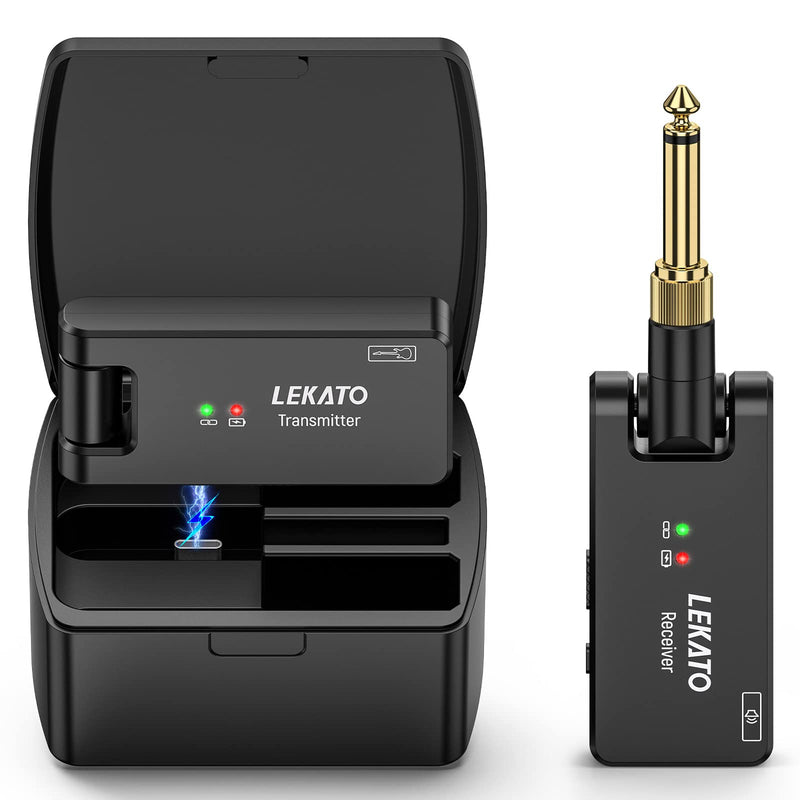 LEKATO WS-100 Wireless Guitar System with Charging Box, Rechargeable Wireless Guitar Transmitter Receiver 2.4Ghz Wireless Audio System for Electric Guitar Bass