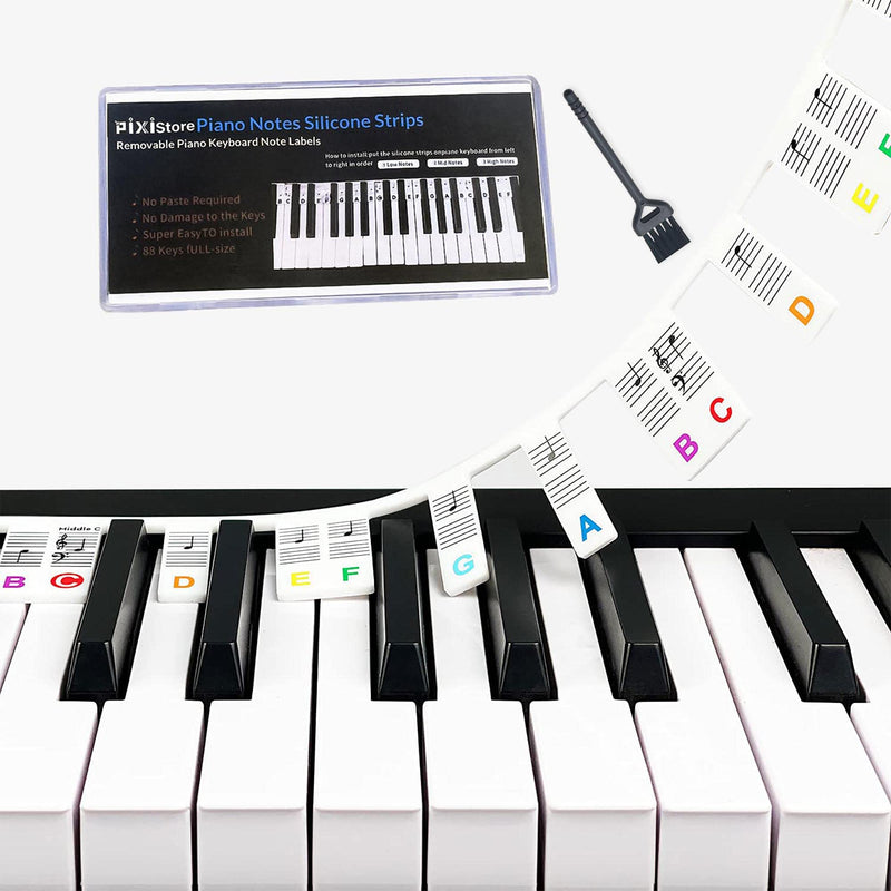 Removable Silicone Piano Notes Guide for Beginners,Pixi Removable Piano Keyboard Notes Strips Labels With Cleaning Brush for Kids Learning, 61/88-Key Full Size Piano Keyboard Note Labels Sticker (Rainbow Color)