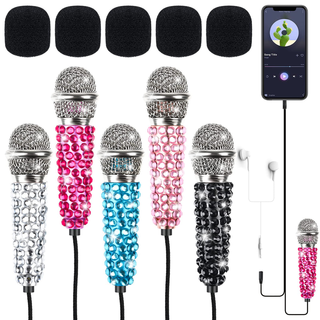 5PCS Mini Microphone Portable Vocal Instrument Tiny Phone Microphone Asmr Karaoke Microphone with 5 Pieces Rhinestone Stickers | 3.5mm Audio Connector Suitable for Apple Android Mobile Phone Laptop 5 PCS