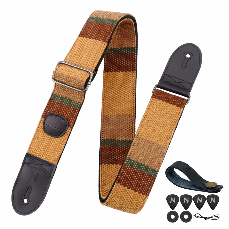 [AUSTRALIA] - Nefelibata Guitar Strap with Pick Pocket, 2 Inch Thicker Woven Guitar Straps with Double Full Grain Leather Ends for Bass, Electric and Acoustic Guitars (Free Guitar Accessory Set) Brown Stripes 