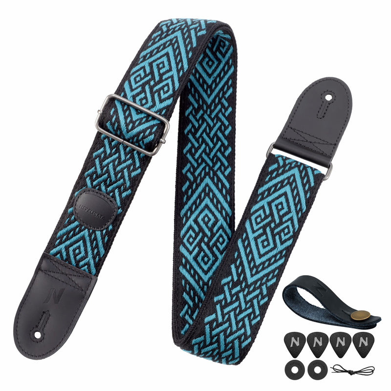 Nefelibata Guitar Strap with Pick Pocket, 2 Inch Thicker Woven Guitar Straps with Double Full Grain Leather Ends for Bass, Electric and Acoustic Guitars (Free Guitar Accessory Set) Blue Diamond