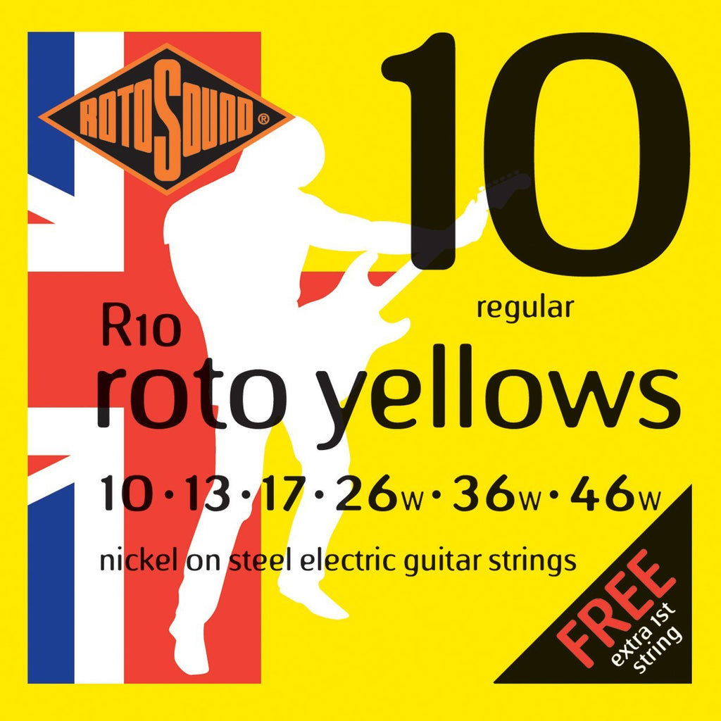 Rotosound R10 Nickel Regular Gauge Electric Guitar Strings (10 13 17 26 36 46), Pack of 7, yellow pack