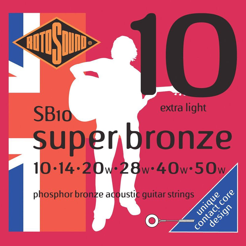 Rotosound SB10 Contact Core Phosphor Bronze Extra Light Gauge Acoustic Guitar Strings (10 14 20 28 40 50), White Black Red Blue