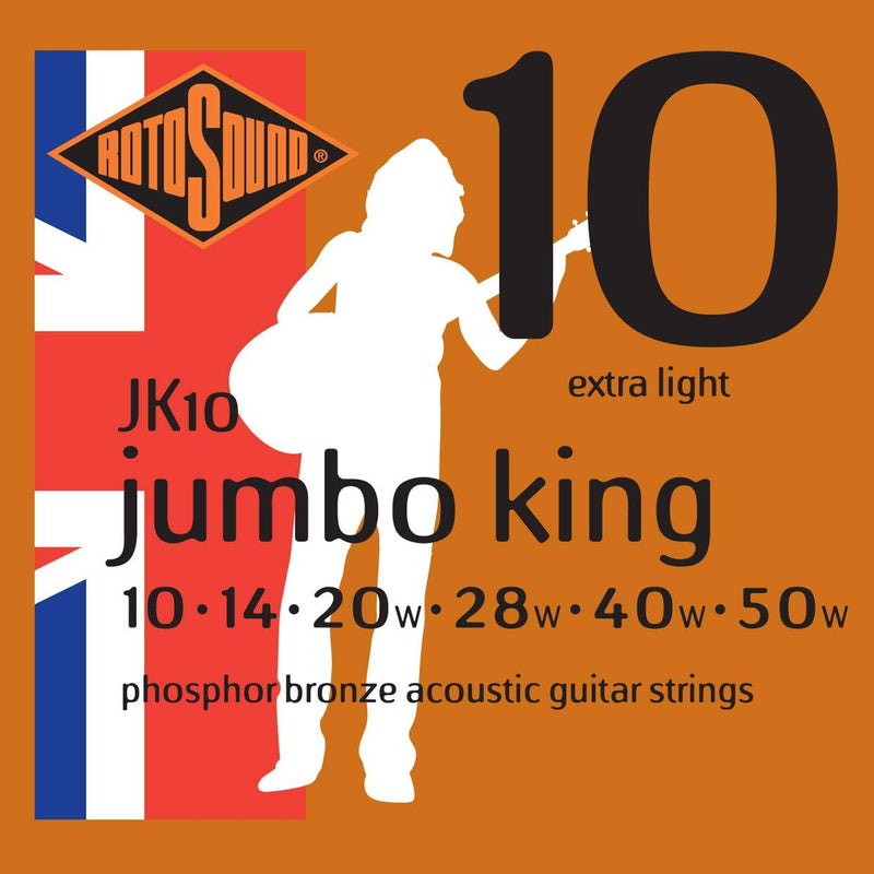 Rotosound JK10 Phosphor Bronze Extra Light Gauge Acoustic Guitar Strings (10 14 20 28 40 50), White Black Red Blue