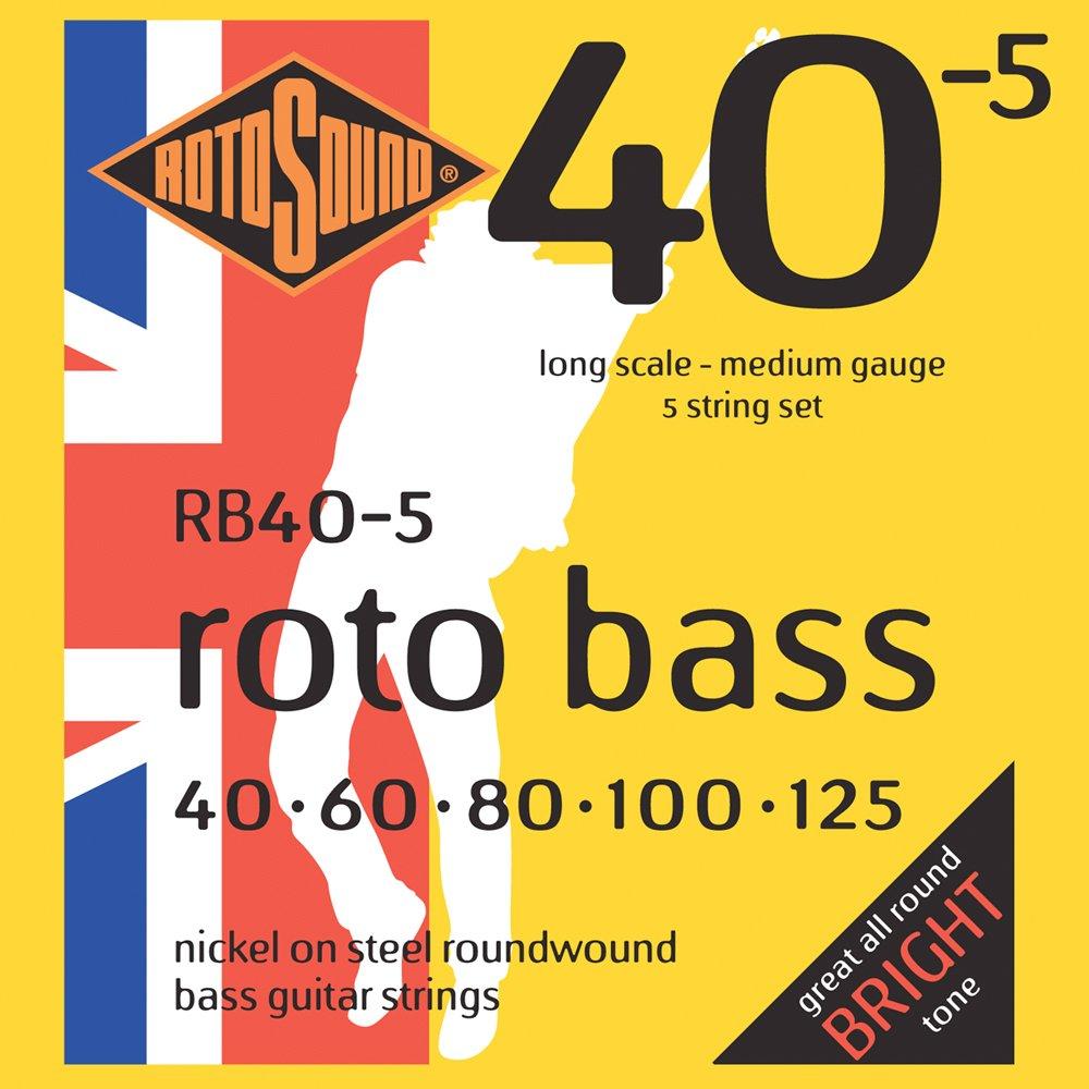 Rotosound RB40-5 Nickel Medium Gauge Roundwound Bass Strings (40 60 80 100 125), White Black Red Blue