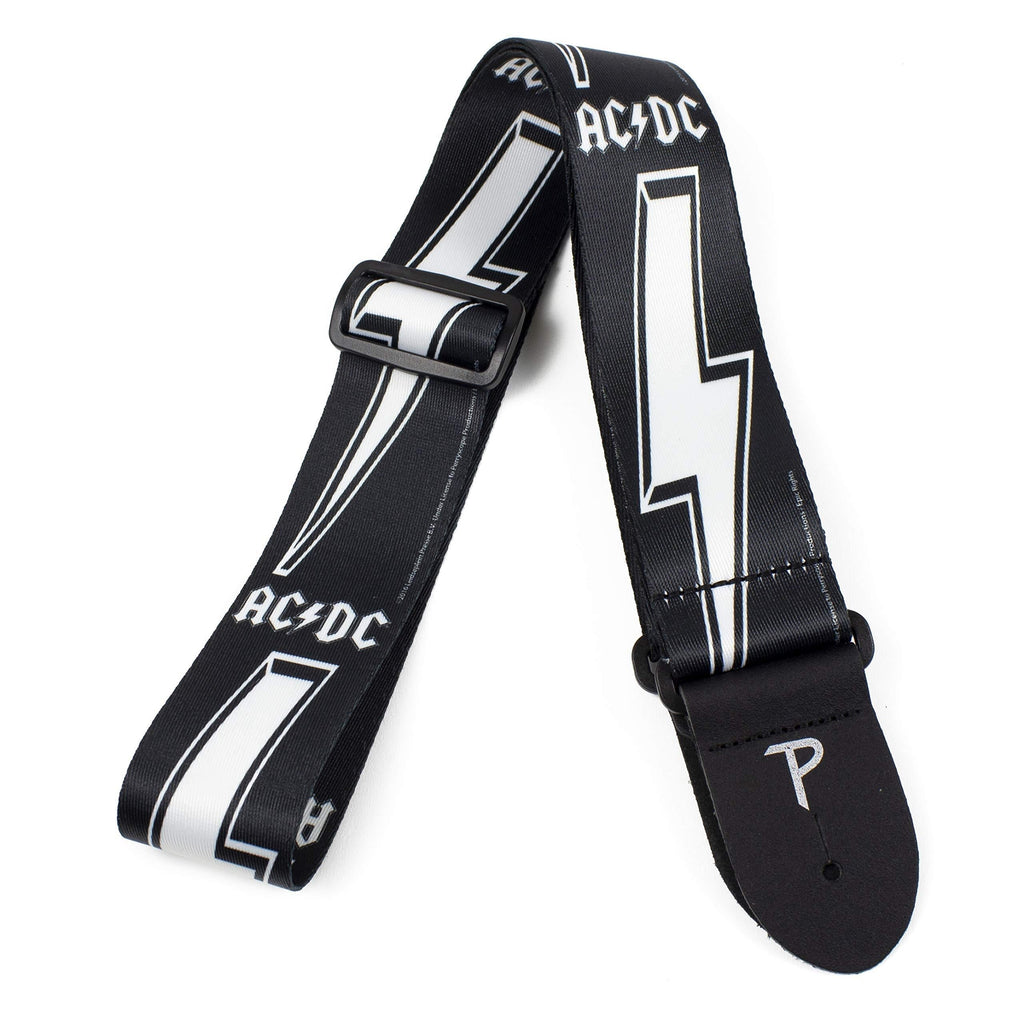 Perri’s Leathers AC/DC Polyester Guitar Strap, 2” inches Wide, Adjustable Length 39” to 58” inches, Black with White Lightning Bolt and AC/DC Logo