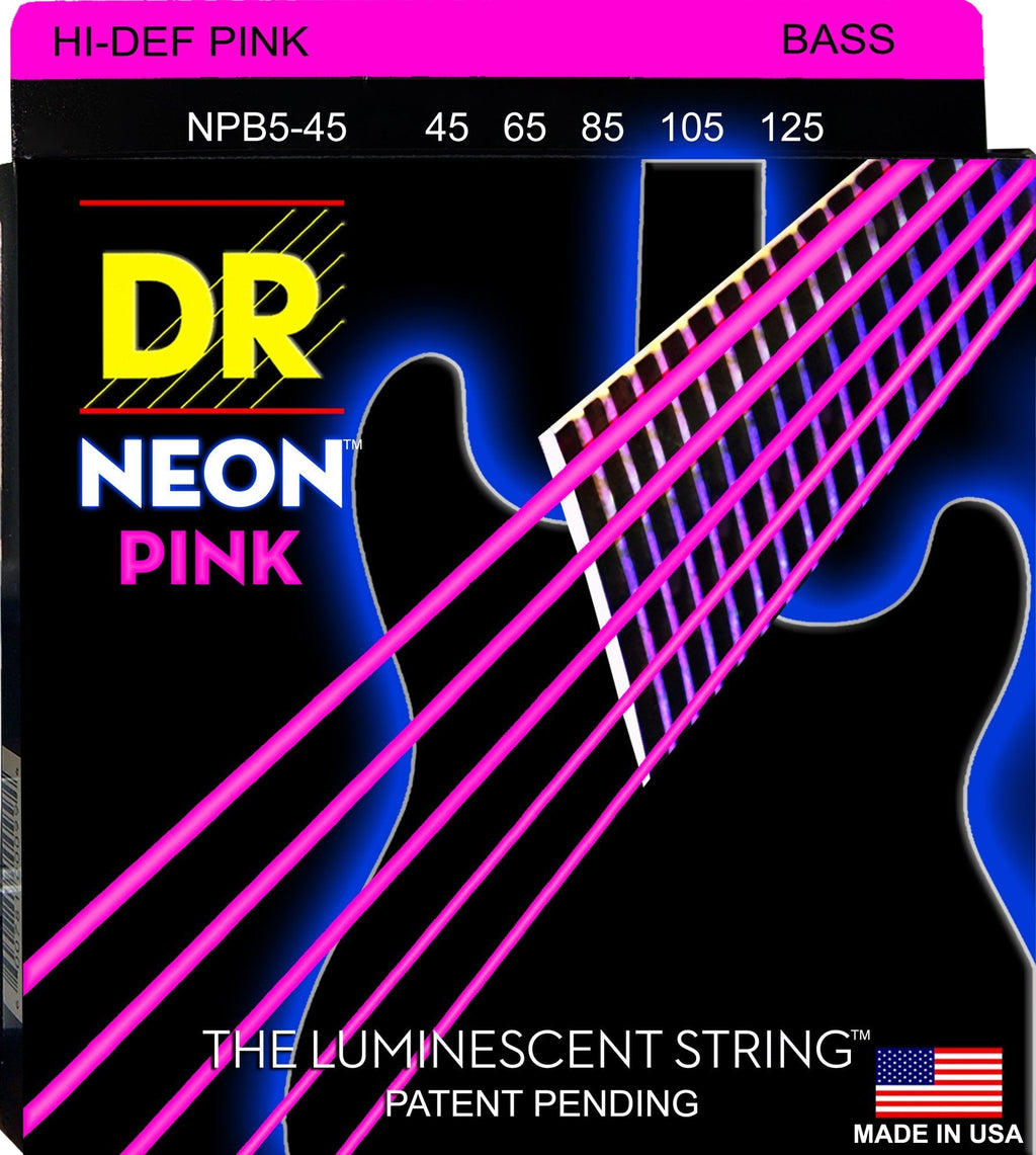 DR Strings NPB545 45-125 Medium Set Handmade Neon Hi-Def Pink Coated 5-String Bass Strings