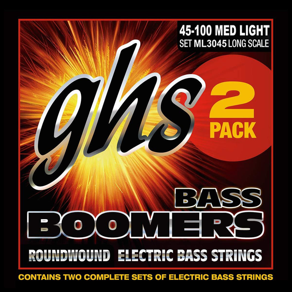 GHS Strings ML3045-2, 4 String Bass Boomers, Nickel-Plated Electric Bass Strings, Medium Light, 2 Pack (.045-.100)