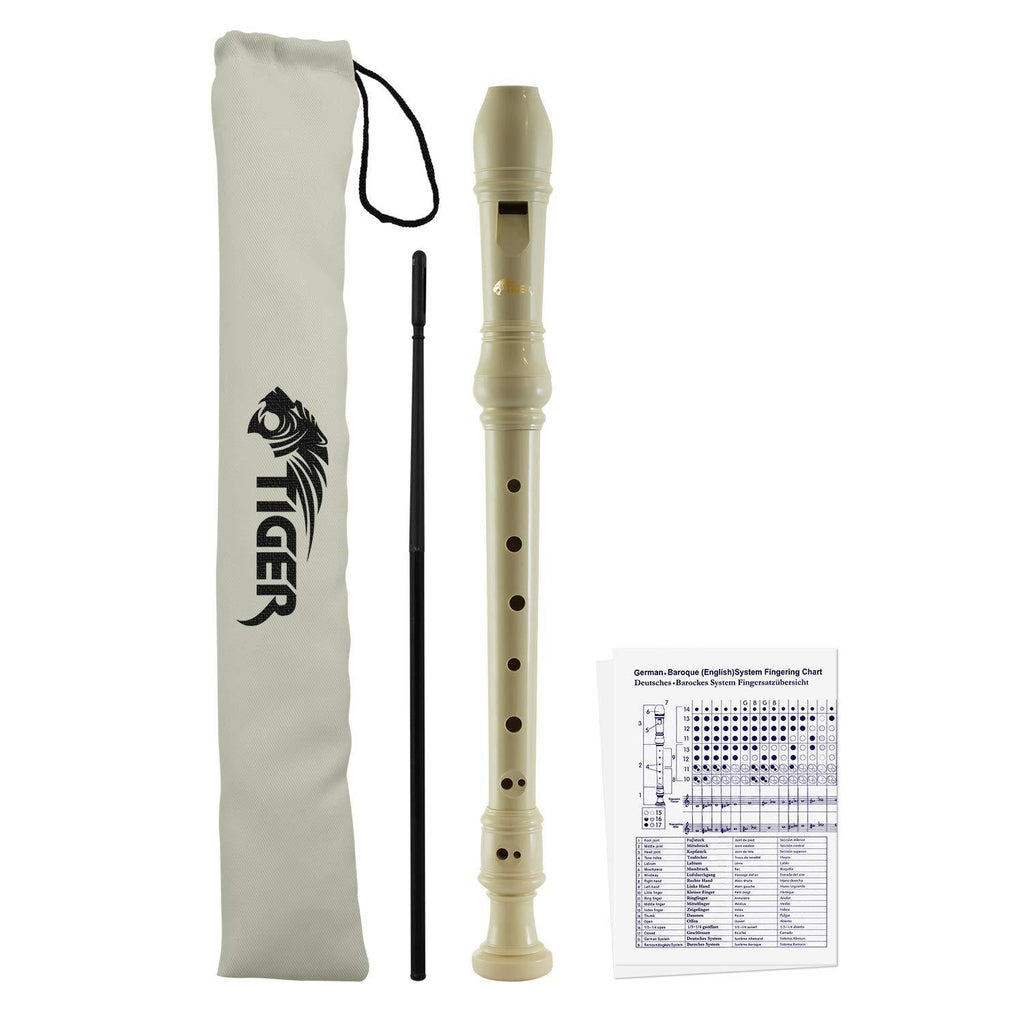 Tiger REC2-WH Descant Recorder – Three Piece School, Beginners Recorder with Bag and Cleaning Rod and Fingering Chart - White