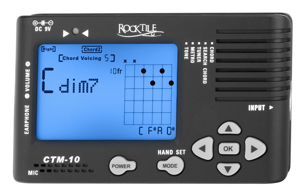 Rocktile CTM-10 Chord Finder/Tuner/Metronome All-in-One Device for Guitarists with Tone Generator, Chord Finder, Clock and Headphone Jack
