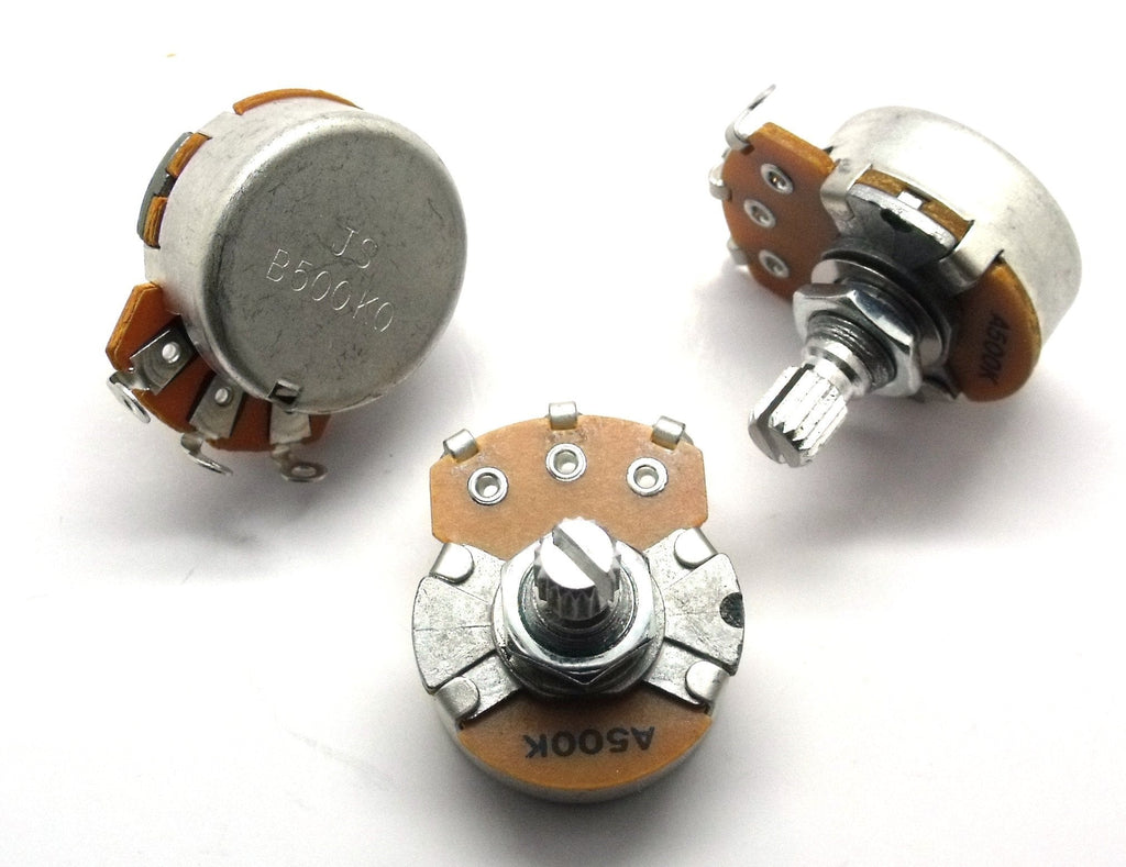 Set of strat guitar potentiometers Tone, Tone, Volume 24mm dia 2x A500K 1x B500K short shaft