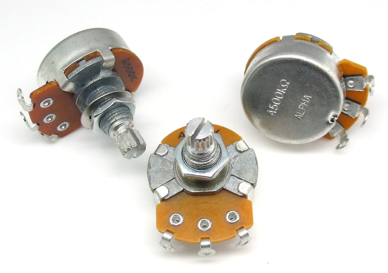 Set of strat guitar potentiometers Tone, Tone, Volume 24mm dia 2x A500K 1x B500K long shaft