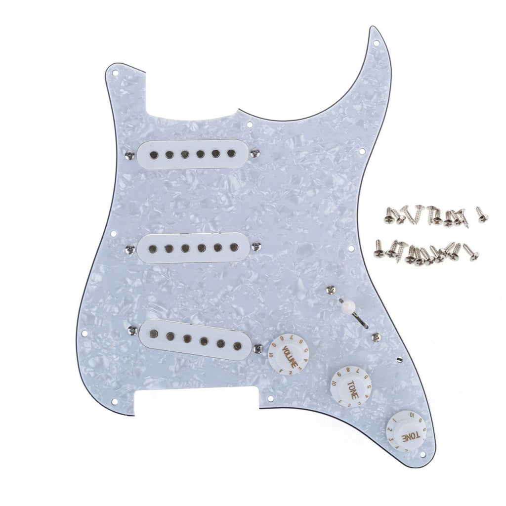 Musiclily 11 Hole SSS Prewired Loaded Pickguard with Single Coil Pickups Set for Strat Style Guitar, 4Ply White Pearl
