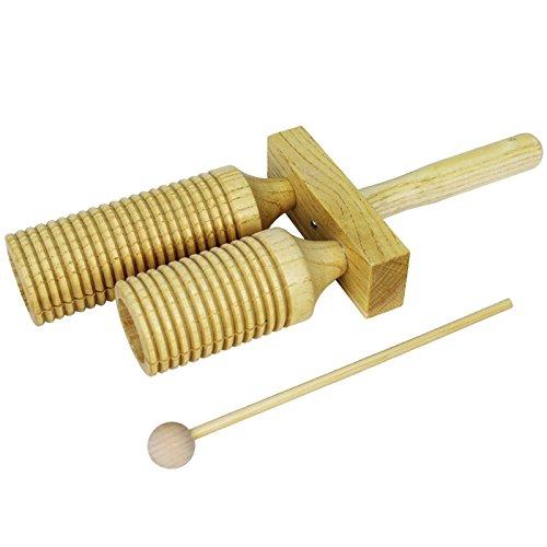 A-Star AP4222 Two Tone Double Wood Block Agogo Guiro Scraper with Wooden Beater, Brown Double Tone Bell