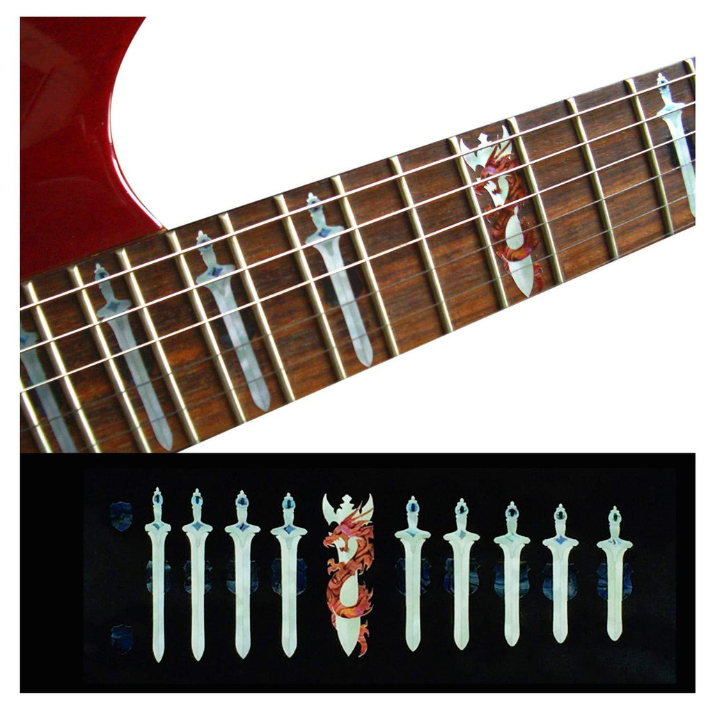 Inlaystickers Fret Markers for Guitars & Bass - Swords with Dragon - White Pearl