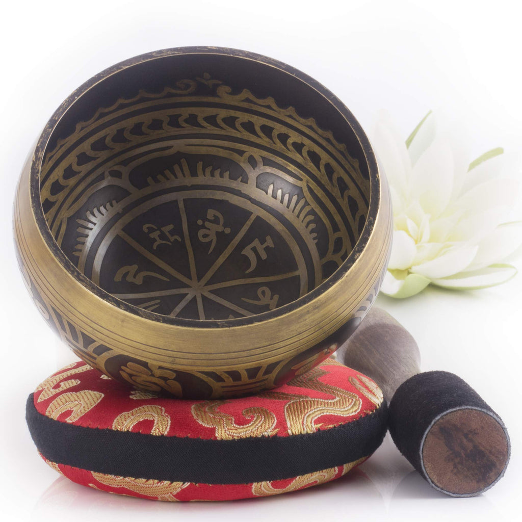 Tibetan Singing Bowl Set — Easy to Play with Cushion & New Dual-End striker for Holistic Healing, Calming & Mindfulness ~ Antique Design