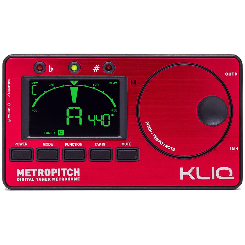 KLIQ Music Gear MetroPitch - Metronome Tuner for All Instruments - with Guitar, Bass, Violin, Ukulele, and Chromatic Tuning Modes - Tone Generator Red