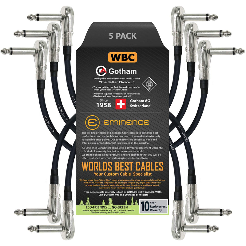 [AUSTRALIA] - 5 Units - Gotham GAC-1-5 Inch (12 cm)– Premium, Ultra-Flexible Dual Shielded Guitar Bass Effects Instrument, Patch Cable - with Low-Profile, Right Angled Pancake type TS (6.35mm) Connectors 