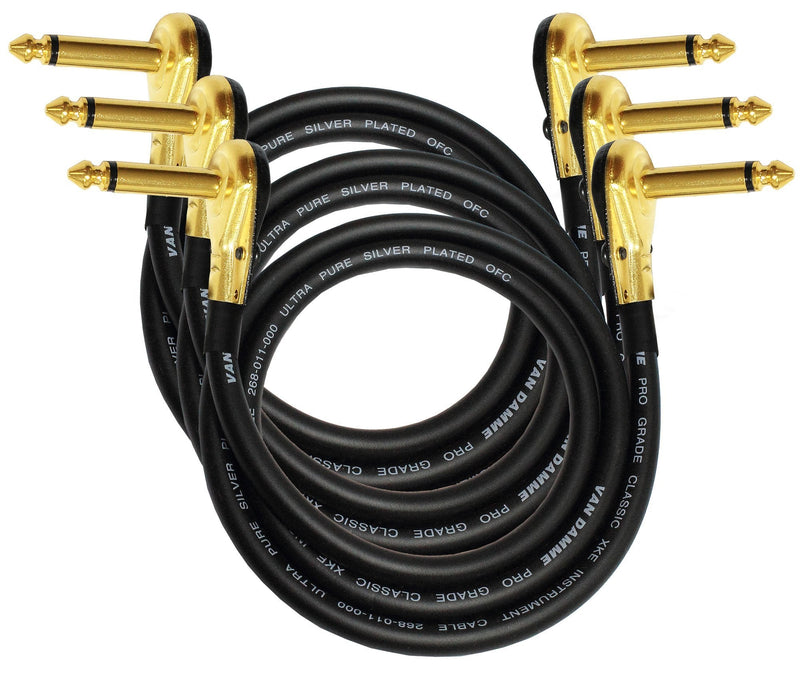 3 Units - Van Damme Pro Grade Classic XKE - 3 Foot (91 cm) – Premium, Ultra-Flexible Multi -Shielded Guitar Bass Effects Instrument, Patch Cable - with Premium Gold Plated, Low-Profile, Right Angled Pancake type TS (6.35mm) Connectors