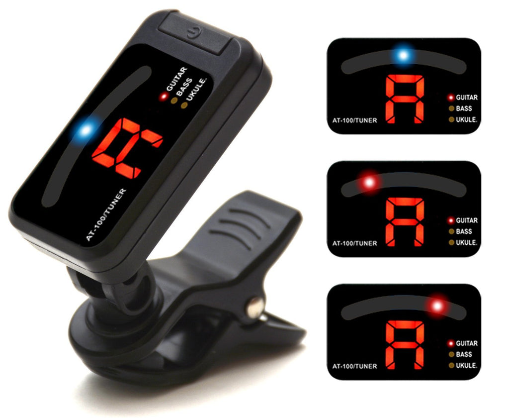 Elagon (AT-100) Clip-On Multi-Instrument Tuner. Multi Tuning Modes for Guitar, Bass, Ukulele + Chromatic Mode for Other Instruments and Non-Standard Tunings. Special Design Travelling Light Indicates Tuning Accuracy - Great Looking Tuner!